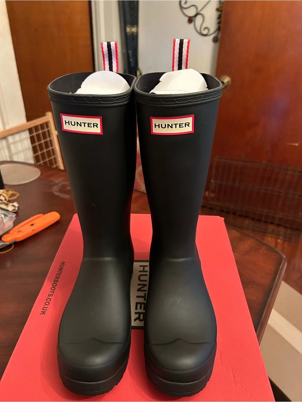 Women’s Hunter Matte Black Mid-Calf Rain Boots with Red-Trim Logo